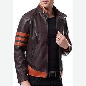 AOWOFS Faux Leather Men's Brown Jacket with Orange Accents